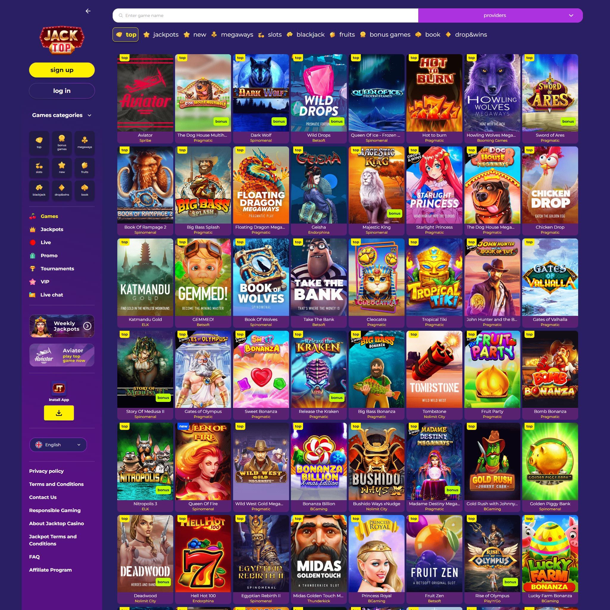 Jacktop Casino full games catalogue