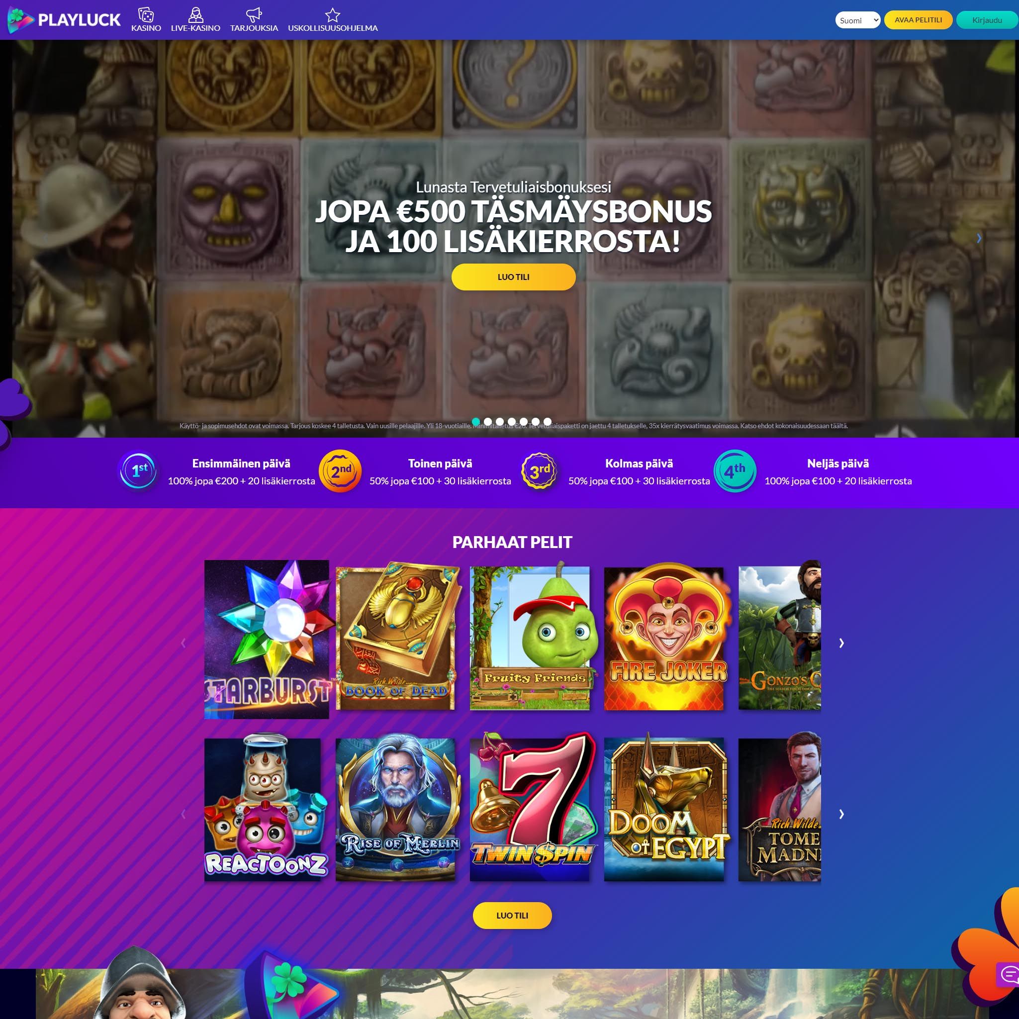 Suomalaiset nettikasinot tarjoavat monia hyötyjä pelaajille. PlayLuck Casino on suosittelemamme nettikasino, jolle voit lunastaa bonuksia ja muita etuja.