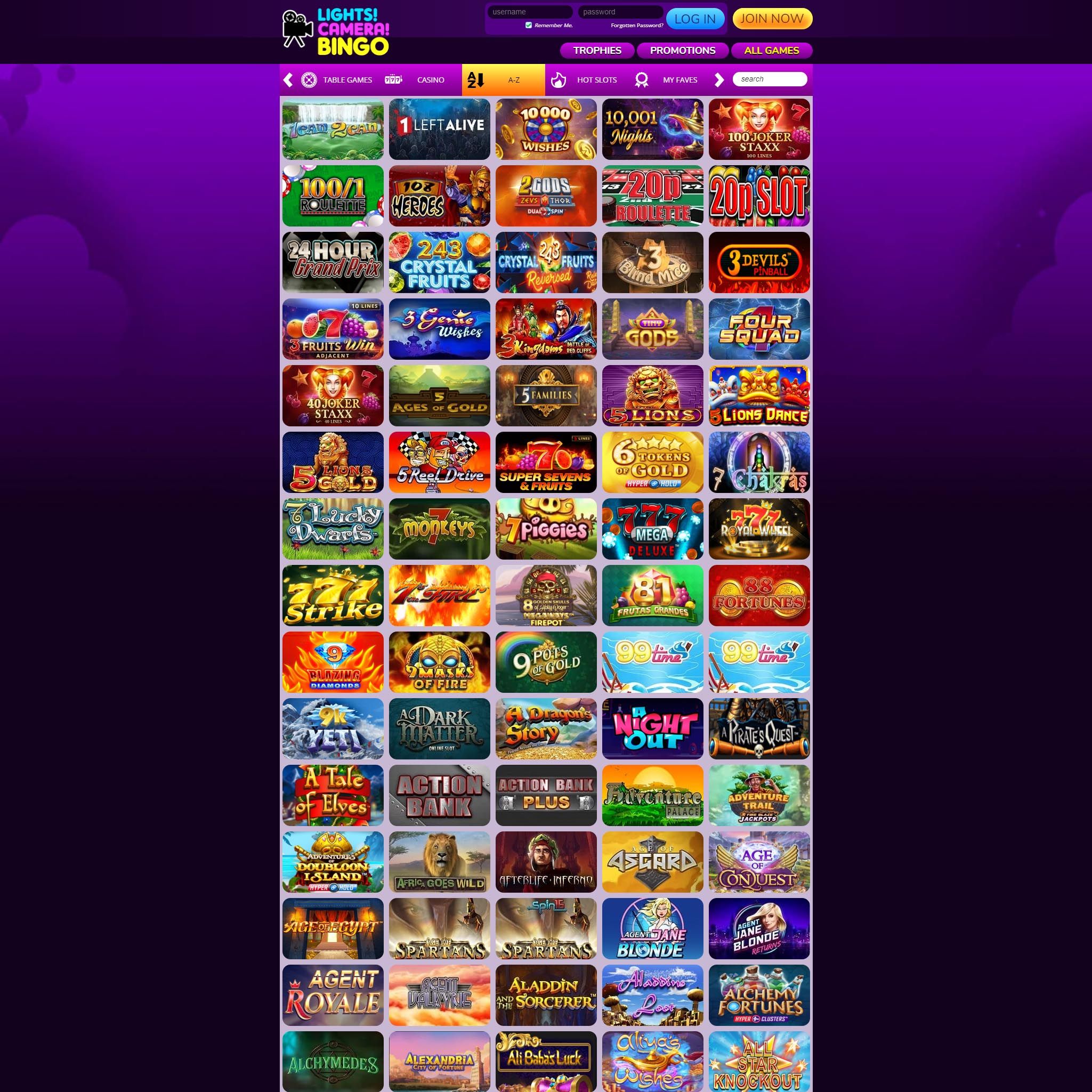 Lights Camera Bingo Casino full games catalogue