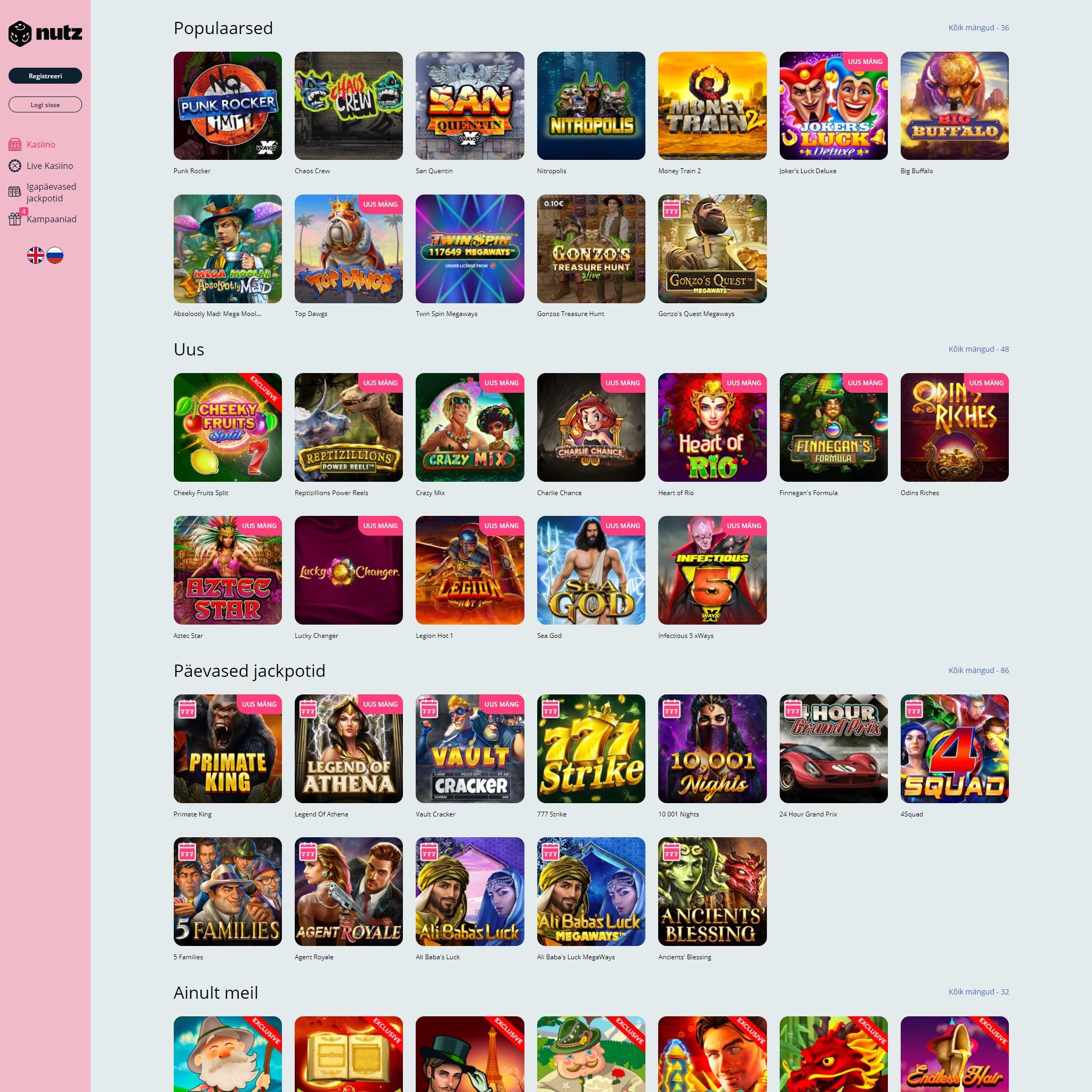 Nutz Casino full games catalogue