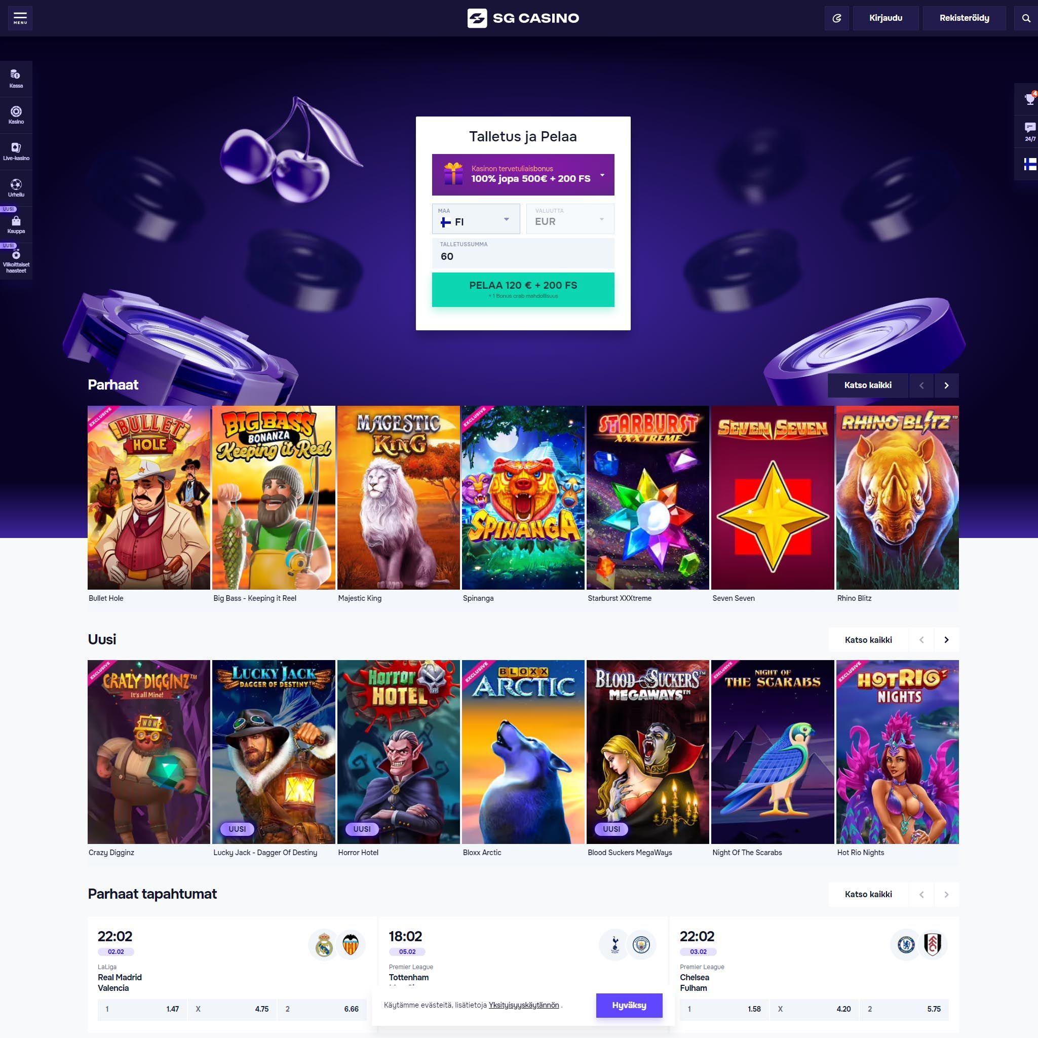Suomalaiset nettikasinot tarjoavat monia hyötyjä pelaajille. SG Casino on suosittelemamme nettikasino, jolle voit lunastaa bonuksia ja muita etuja.